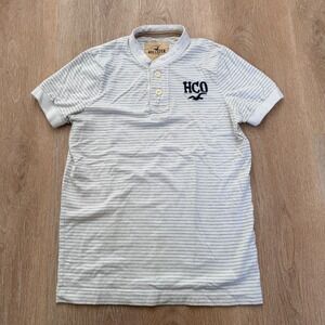 Hollister Striped Henley Shirt Mens Large White Grey Short Sleeve Y2K Logo